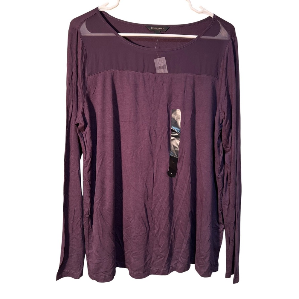 Banana Republic Womens Sz Large Long Sleeve Blouse Mixed Media Plum Purple Sheer